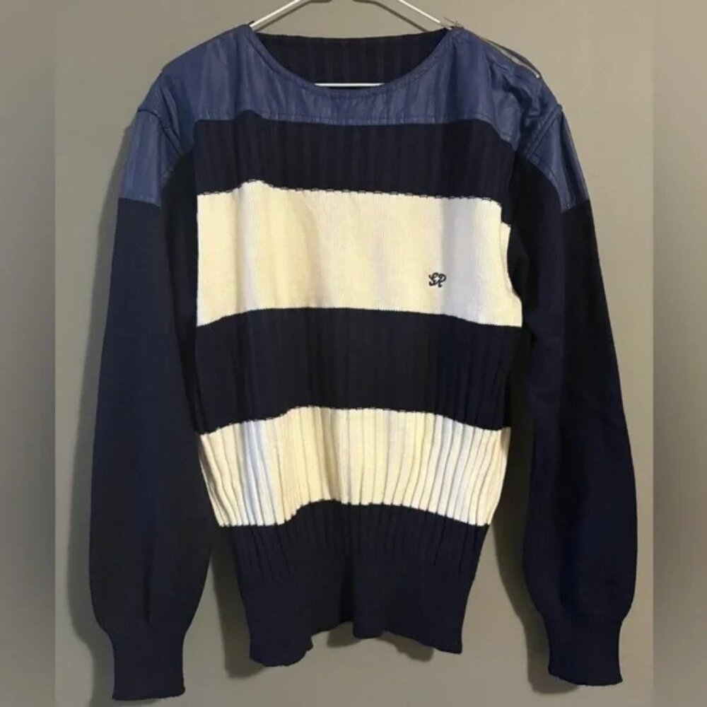 Cashmilon size Large, Navy and Cream Striped Sweater with zippered shoulders